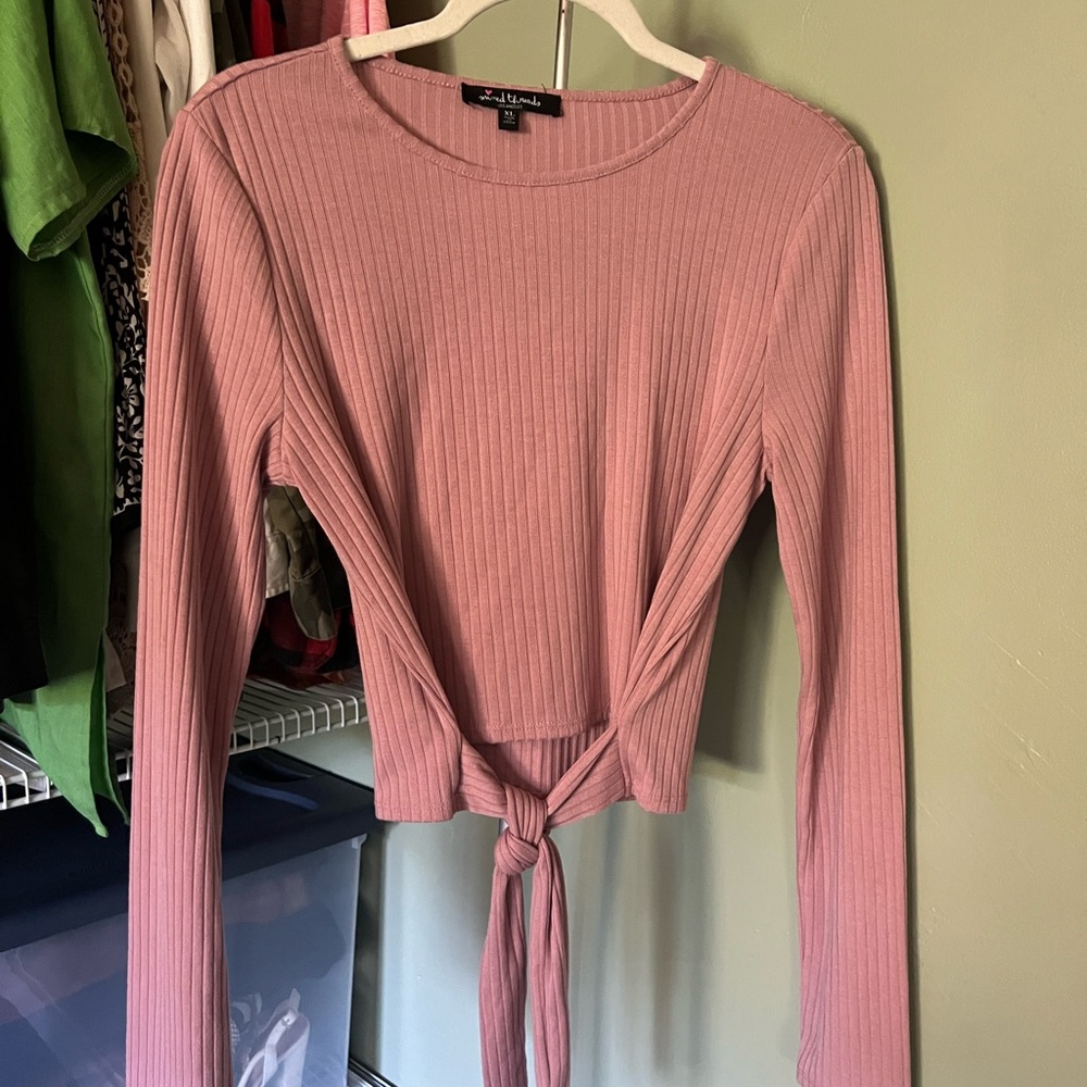 SHEIN Dusty Pink Ribbed Long Sleeve Tie-Front Top